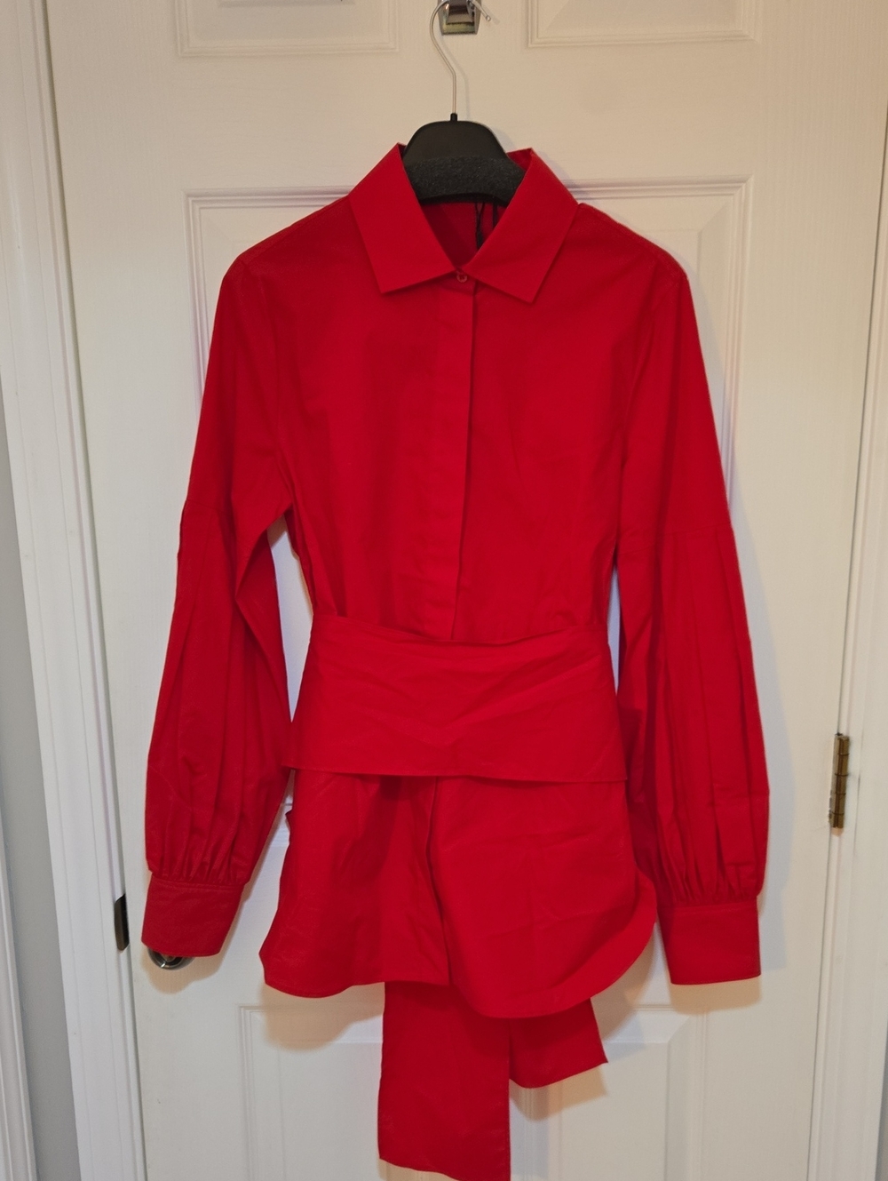 Carolina Herrera Vibrant Red Button-Down Waist-Tie Peplum Shirt